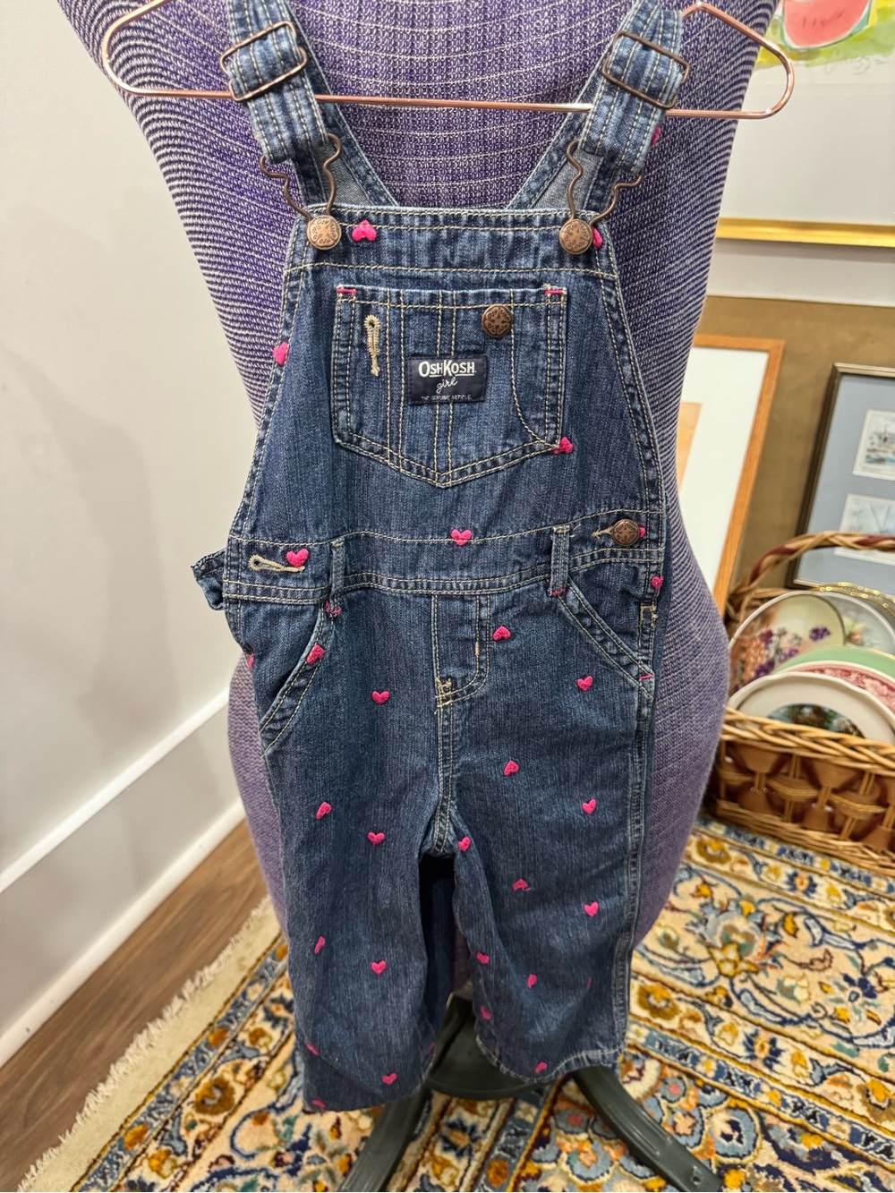 OshKosh B'gosh Denim Overalls with Pink Heart Embroidery Sz 24 months